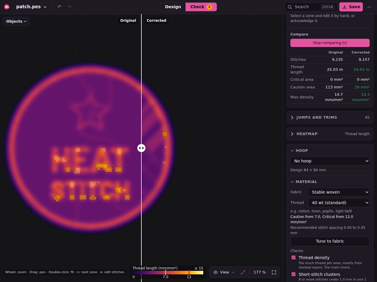 Split view of the patch, original on the left and corrected on the right, with the comparison table