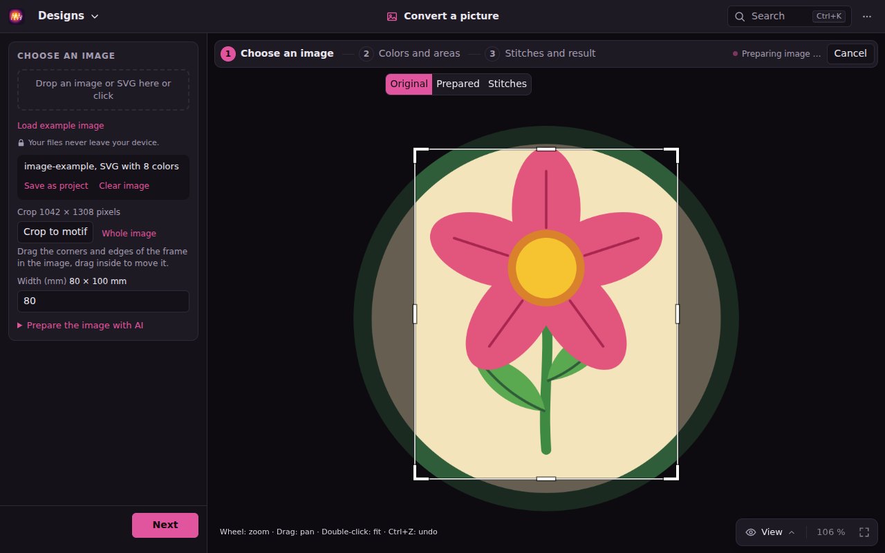 The example image in the first step of Convert a picture with the crop frame around the flower, the outside dimmed, the crop in pixels and the width in mm on the left