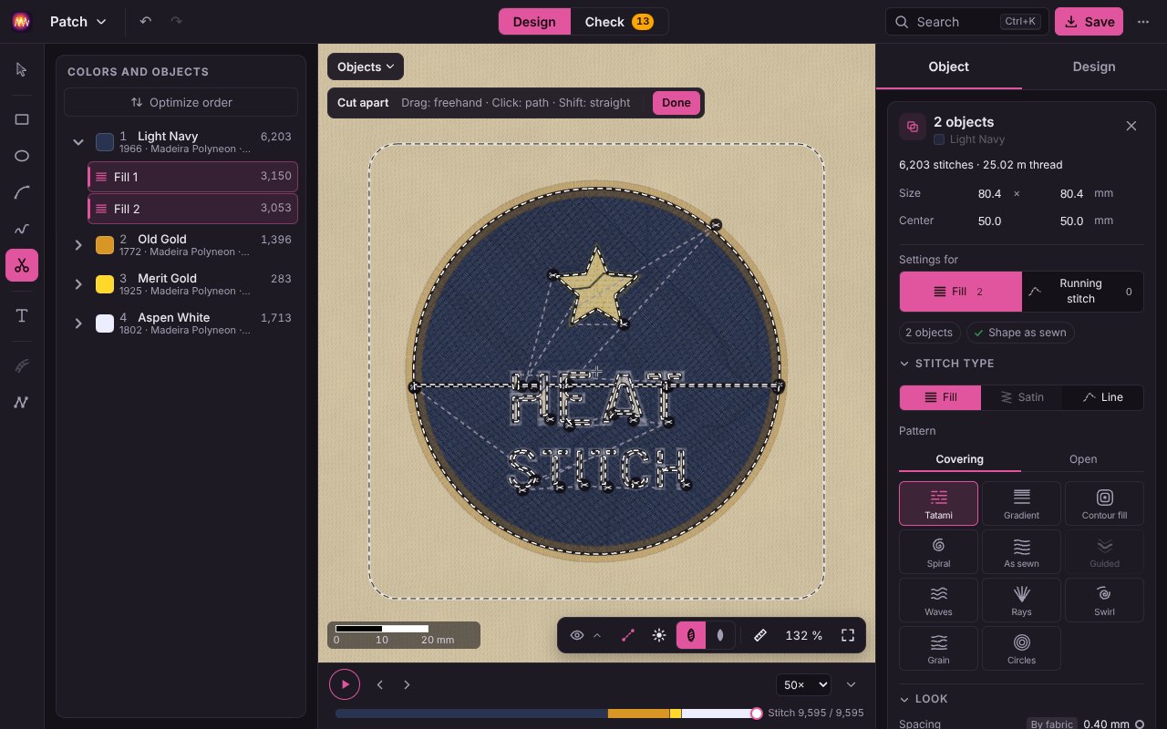 The patch from the demo project: the blue disc with a straight cut line through its middle, two fills instead of one in the list on the left, the Cut apart tool bar at the top