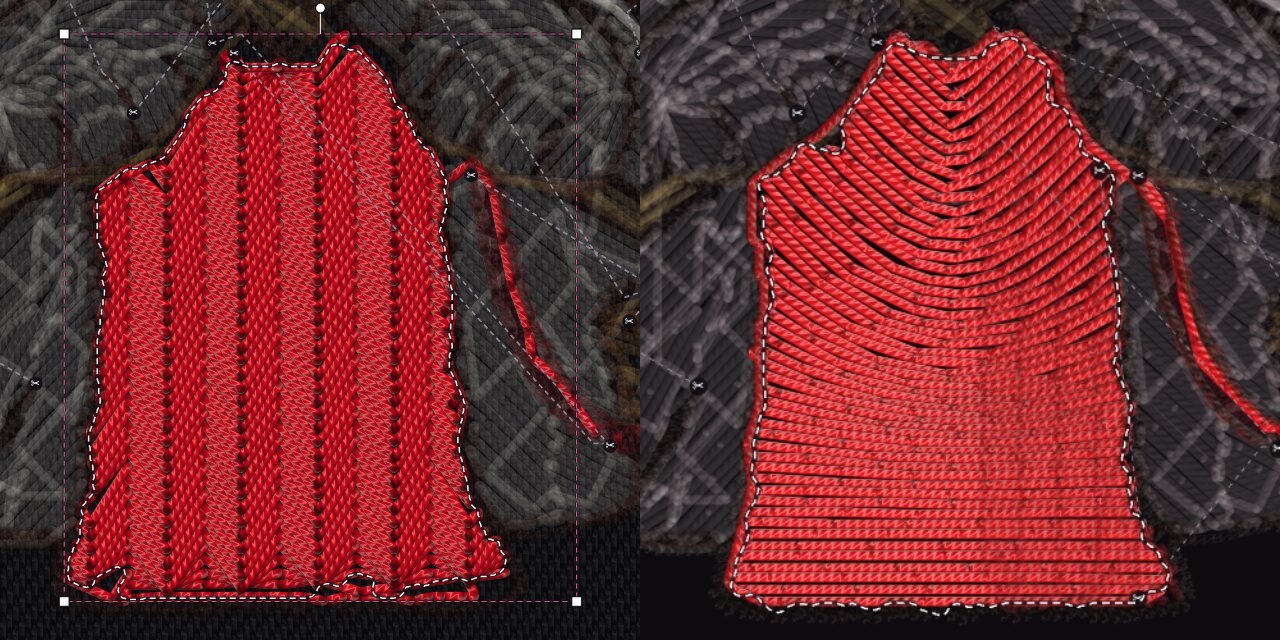 The red sweater of the cat example before and after: on the left the knit pattern with rows of alternating tilt as the file has them, on the right rows that follow a curved guide line at the neckline and a straight one at the hem