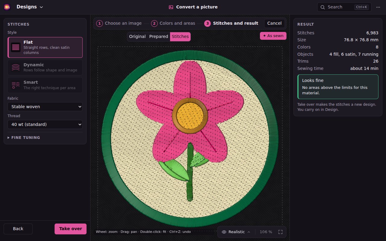The example flower in the third step of Convert a picture: fill, satin and running stitches over the prepared image, style, material and result on the right
