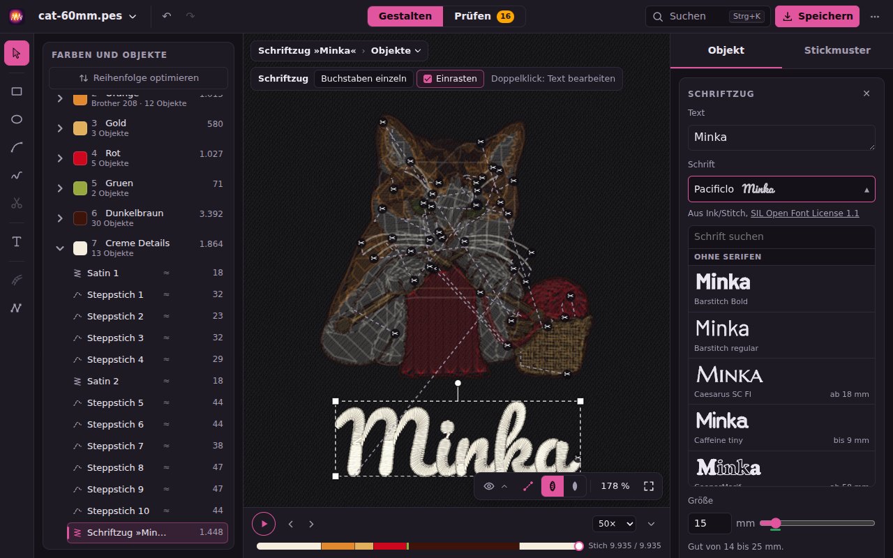 Die Beispielkatze mit dem Namen Minka darunter in Pacificlo, rechts die Karte Schriftzug mit der offenen Schriftliste