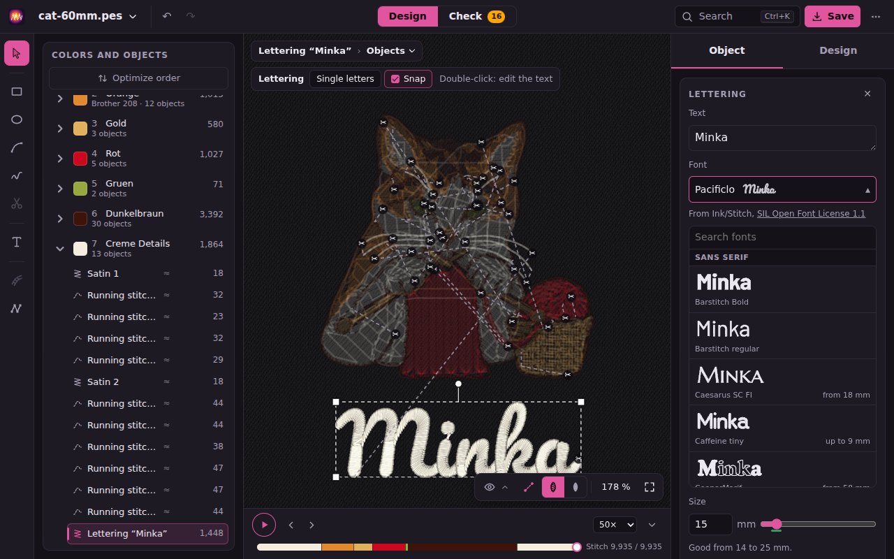 The example cat with the name Minka set under it in Pacificlo, the Lettering card with the open font list on the right