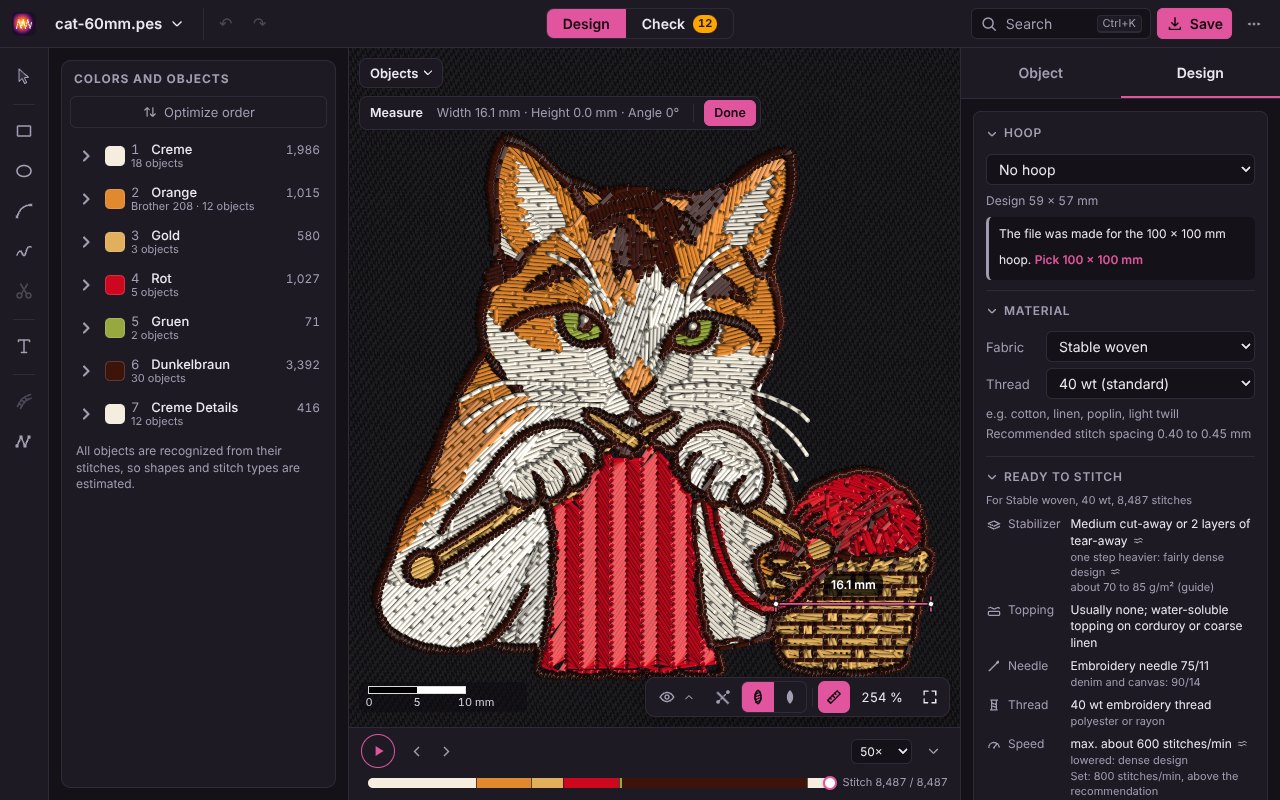The cat with the Measure tool: a line across the basket reading 16.1 mm, width, height and angle above, the scale bar 0, 5, 10 mm at the bottom left