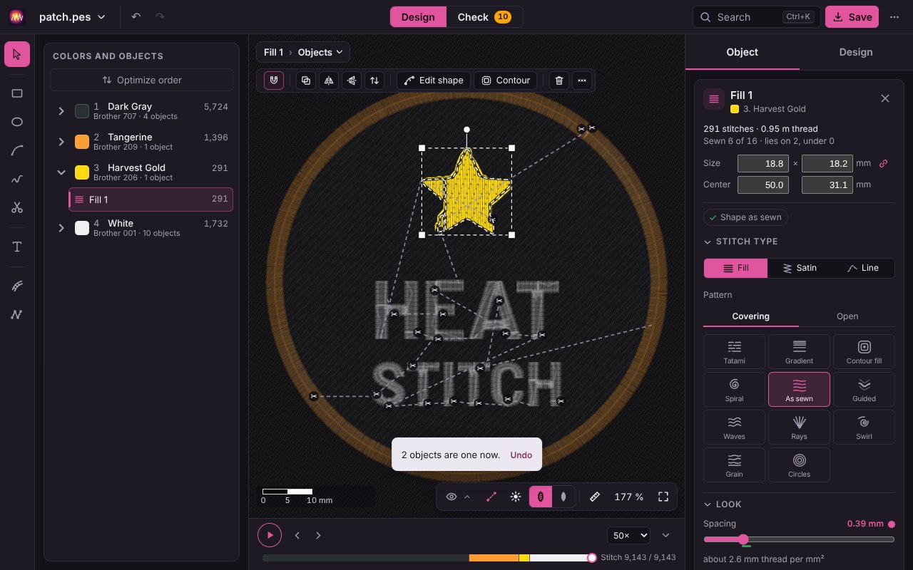 The star of patch.pes as one object, on the right the Object card with its two parts
