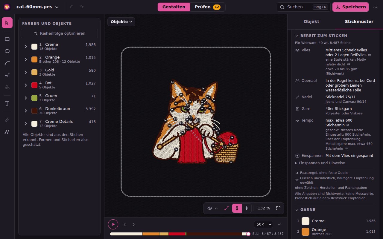 Die Karte Stickmuster bei Bereit zum Sticken: Vlies, Obenauf, Nadel, Garn, Tempo und Einspannen für die Katze auf Webware