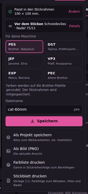 Das Menü Speichern: Stickrahmen, Vor dem Sticken, die Formate für die Maschine, Dateiname, Als Projekt speichern, Als Bild, Farbliste und Stickblatt drucken