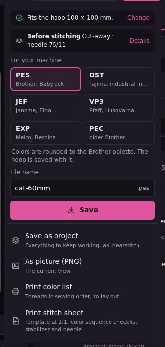 The Save menu: hoop, Before stitching, the formats for the machine, file name, Save as project, As picture, print color list and stitch sheet