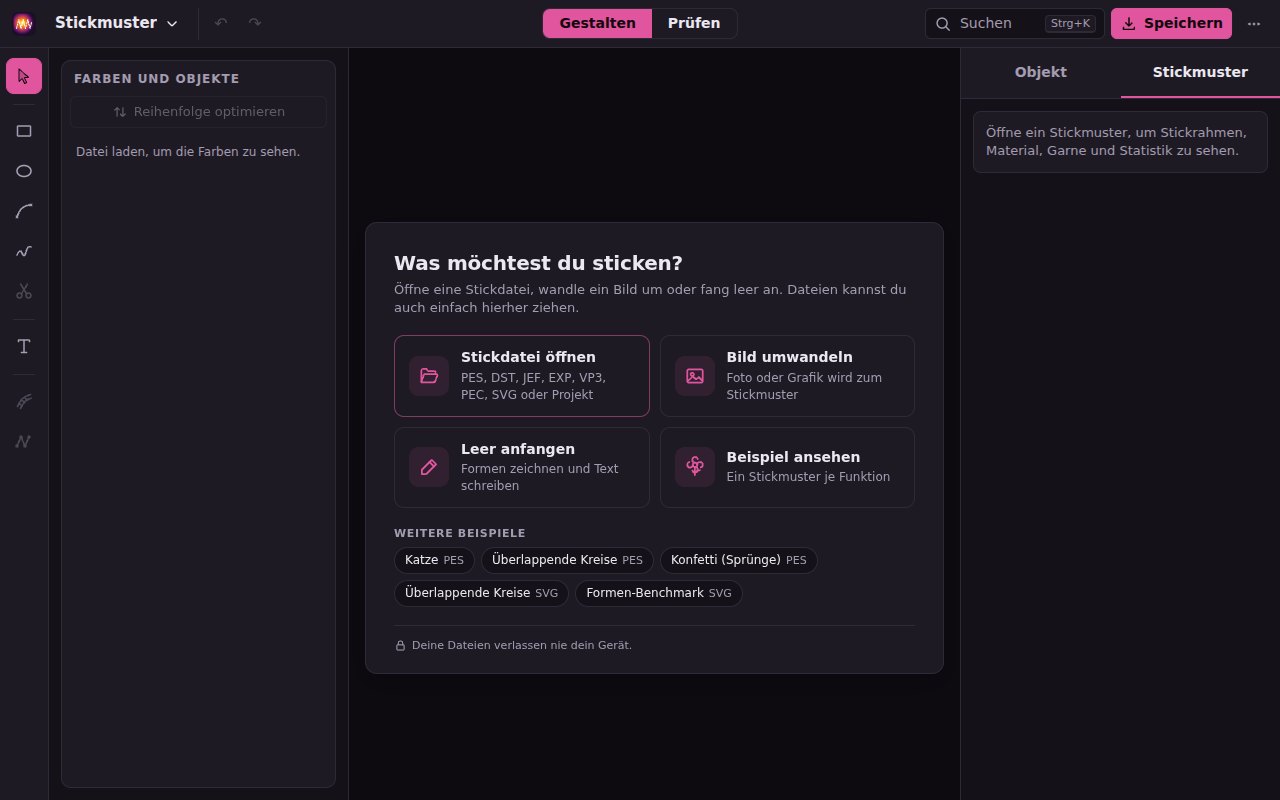 Die Startseite: die Karte Was möchtest du sticken? mit Stickdatei öffnen, Bild umwandeln, Leer anfangen und Beispiel ansehen, darunter weitere Beispiele