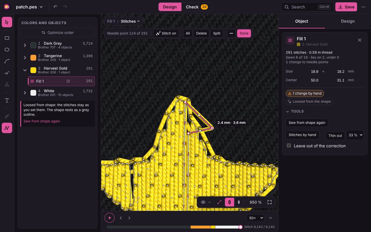 The star of patch.pes opened at the level Stitches: its needle points as dots, one selected with the lengths of its two stitches, the Object card with the changes by hand