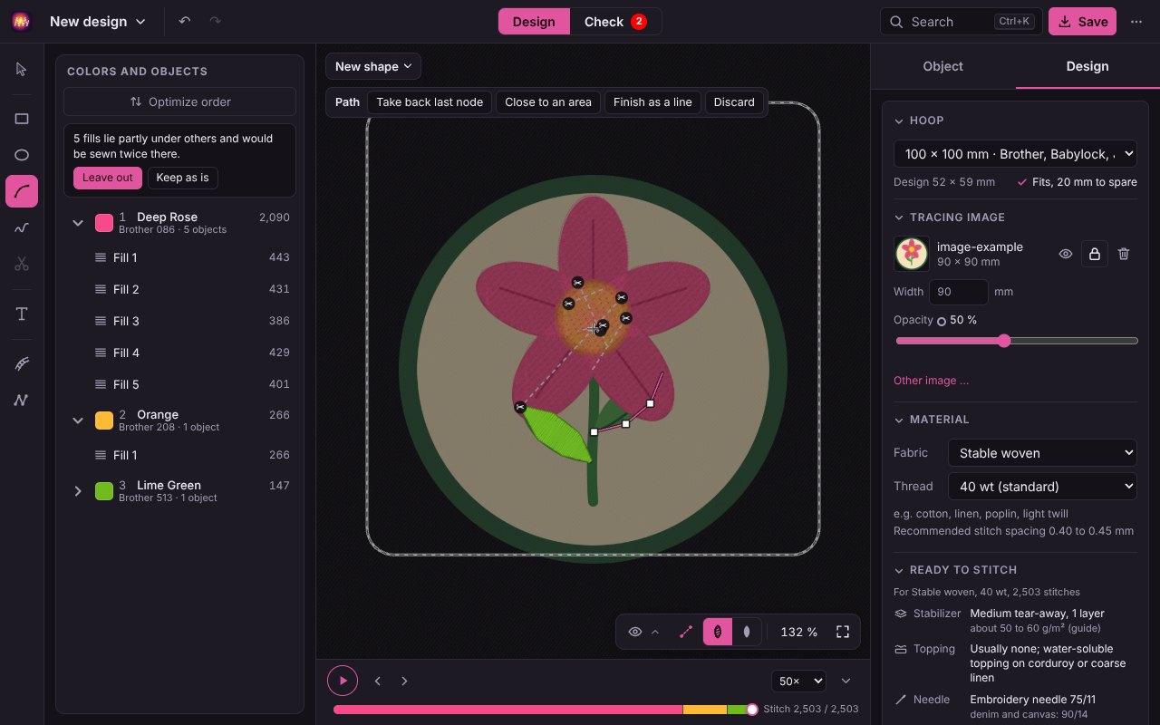 The example flower as the tracing image under a new design: blossom and one leaf are traced already, the path tool is drawing the second leaf, on the right the Tracing image section